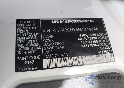 2021 Mercedes-Benz Sprinter 2500 High Roof I4 z USA, uszkodzony, nr VIN W1Y40CHY6MT044646